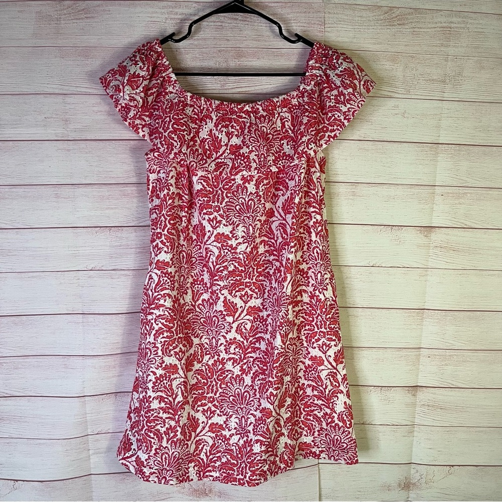Tommy Bahama Pink White On Off Shoulder Harbour Eyelet Dress Size Small